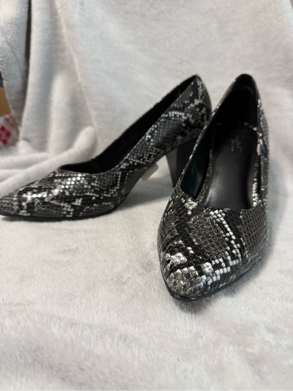 Women's Black & Gray Snake-Print Block Heel Pumps